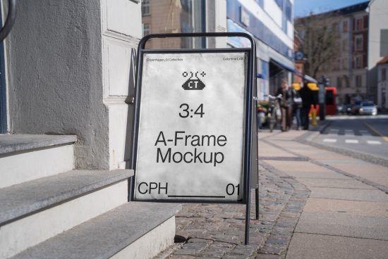 Urban street scene A-Frame signboard mockup design template for advertising and branding display with city background.